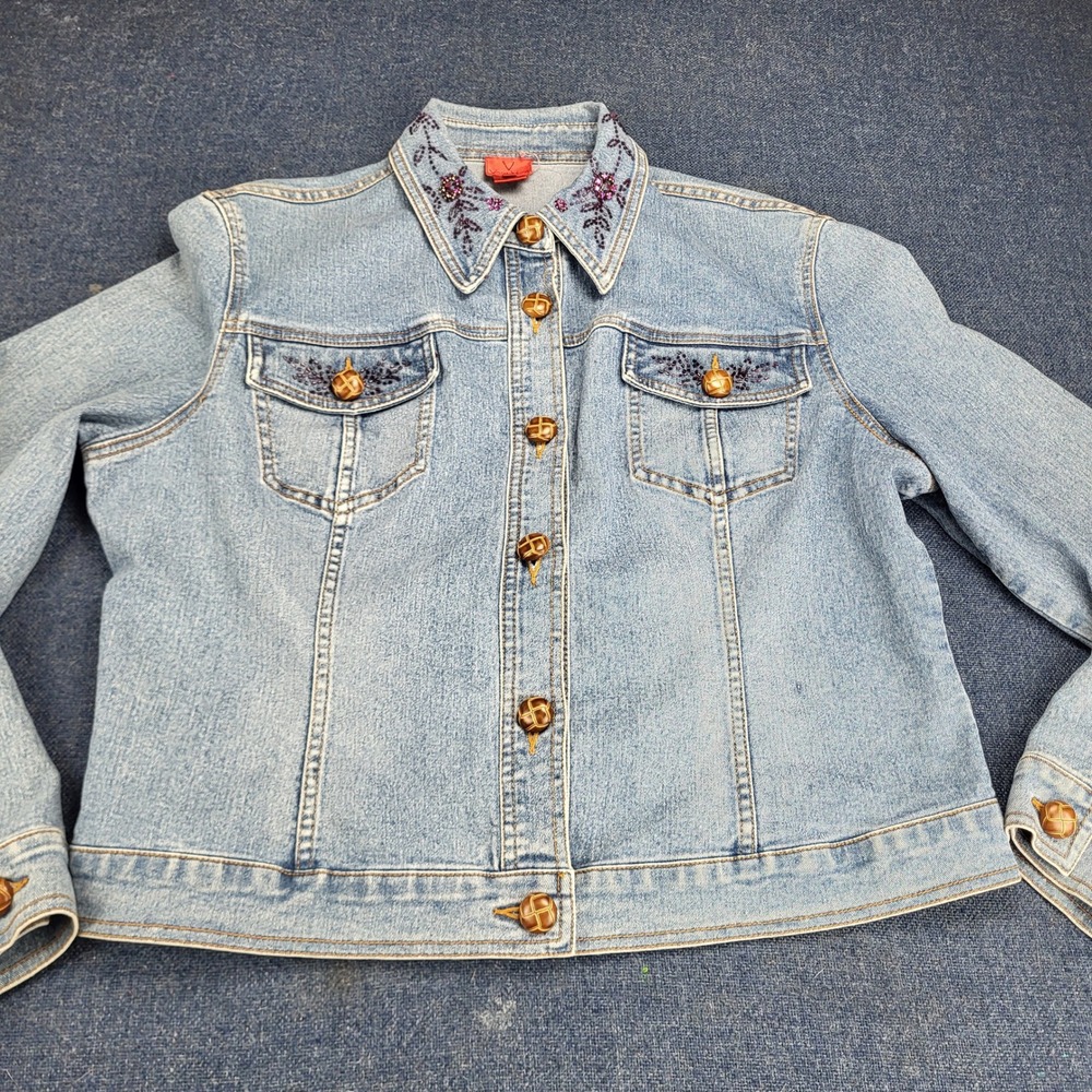 Very Vera Womens XL Light Wash Denim Jacket Beaded Floral Embroidery Stretch
